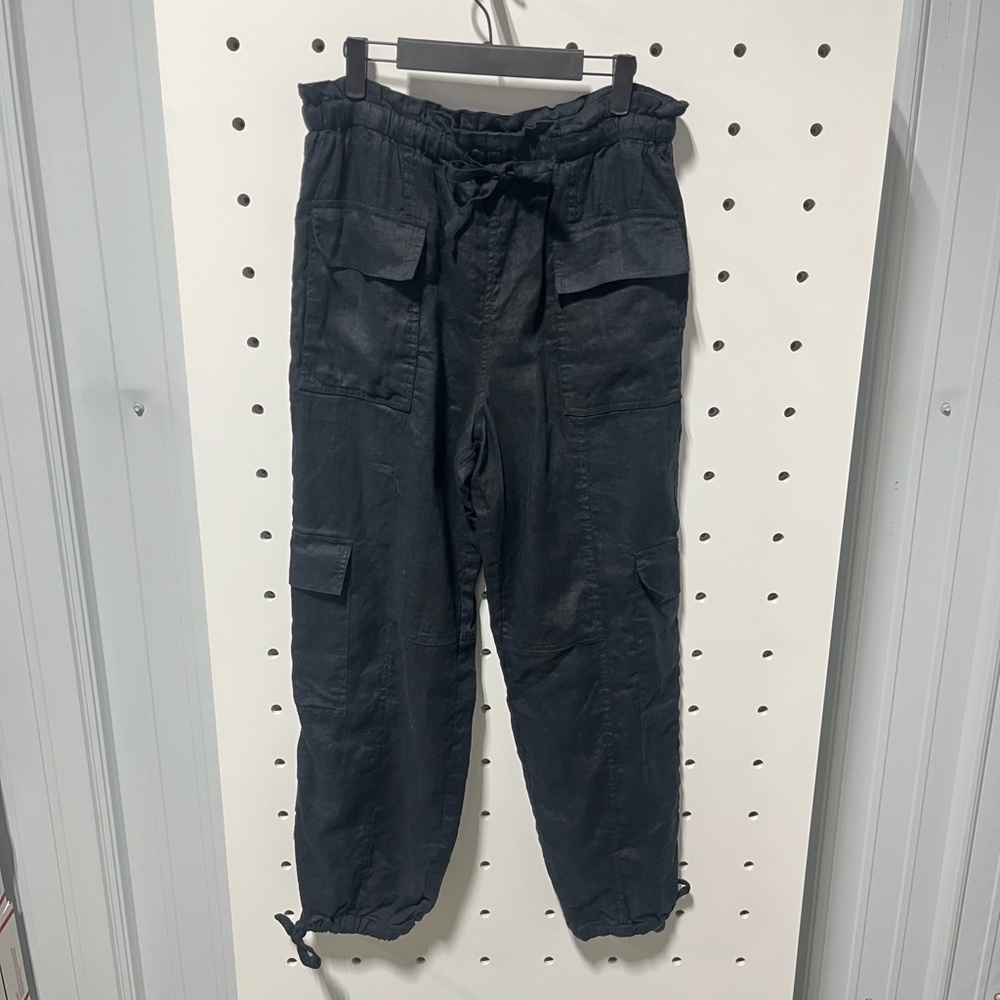 Magaschoni 100% Linen Drawstring Cargo Pants Black Size L